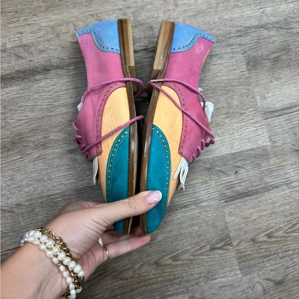 Glacee Blue Pink Flats with Fringe Detail - Picture 2 of 4